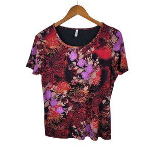Vintage Y2K Top Large Floral Layered Lace Stretchy T-Shirt Red Pink